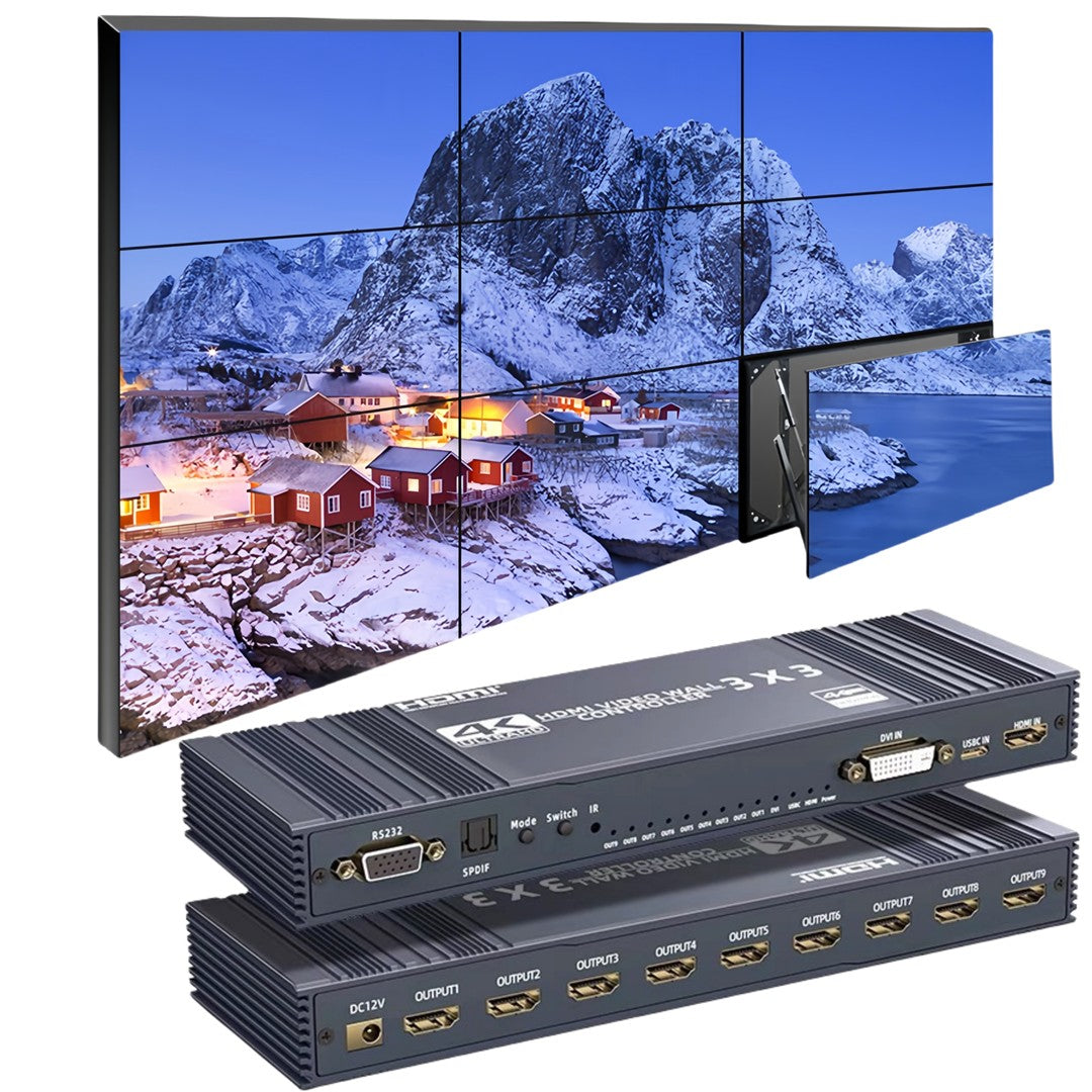 NÖRDIC Video Wall Controller 3x3, TV-veggprosessor, 4K@30Hz HDMI multi-skjerm spleiseprosessor med HDMI + DVI + USB-C inngang