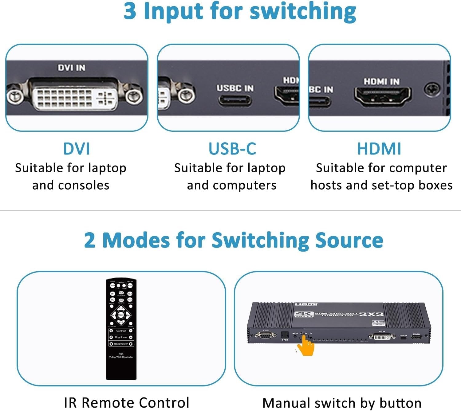 NÖRDIC Video Wall Controller 3x3, TV-veggprosessor, 4K@30Hz HDMI multi-skjerm spleiseprosessor med HDMI + DVI + USB-C inngang