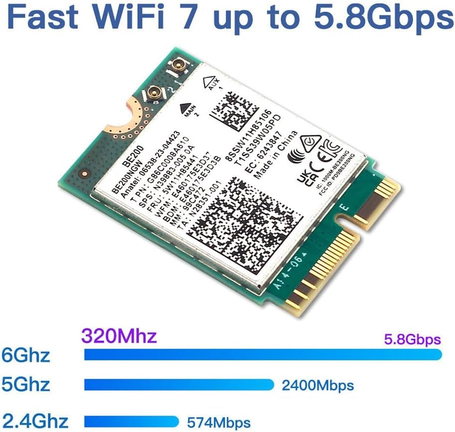 NÖRDIC WiFi 7 PCIe x1 trådløst nettverkskort med Intel BE200-chipset, 8800 Mbps, Bluetooth 5.4