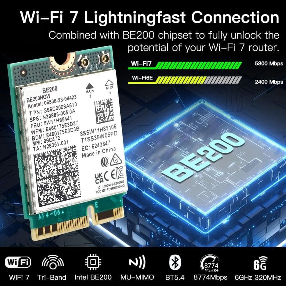 NÖRDIC WiFi 7 PCIe x1 trådløst nettverkskort med Intel BE200-chipset, 8800 Mbps, Bluetooth 5.4
