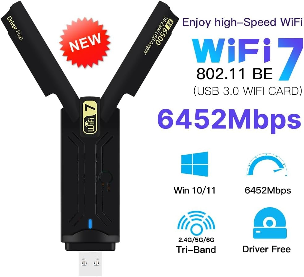NÖRDIC WiFi 7 USB 3.0 trådløs adapter med tri-band og høy hastighet for stasjonære og bærbare PC-er, Windows 10/11, Plug & Play