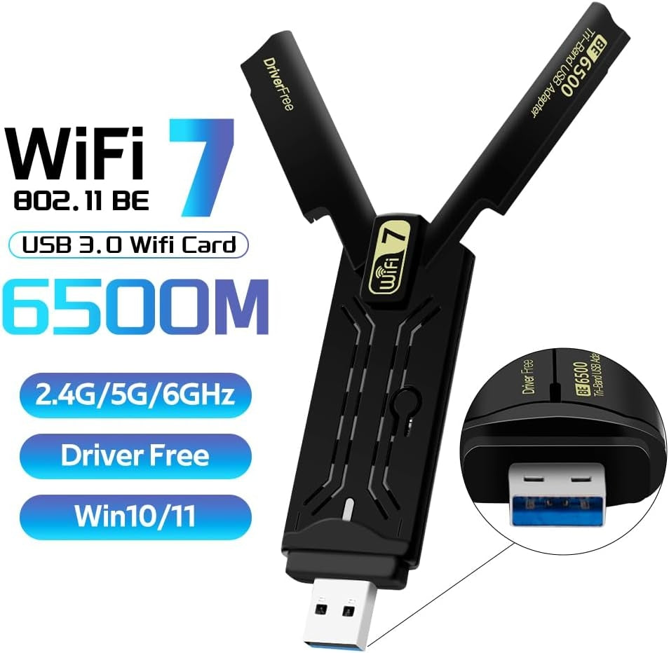 NÖRDIC WiFi 7 USB 3.0 trådløs adapter med tri-band og høy hastighet for stasjonære og bærbare PC-er, Windows 10/11, Plug & Play
