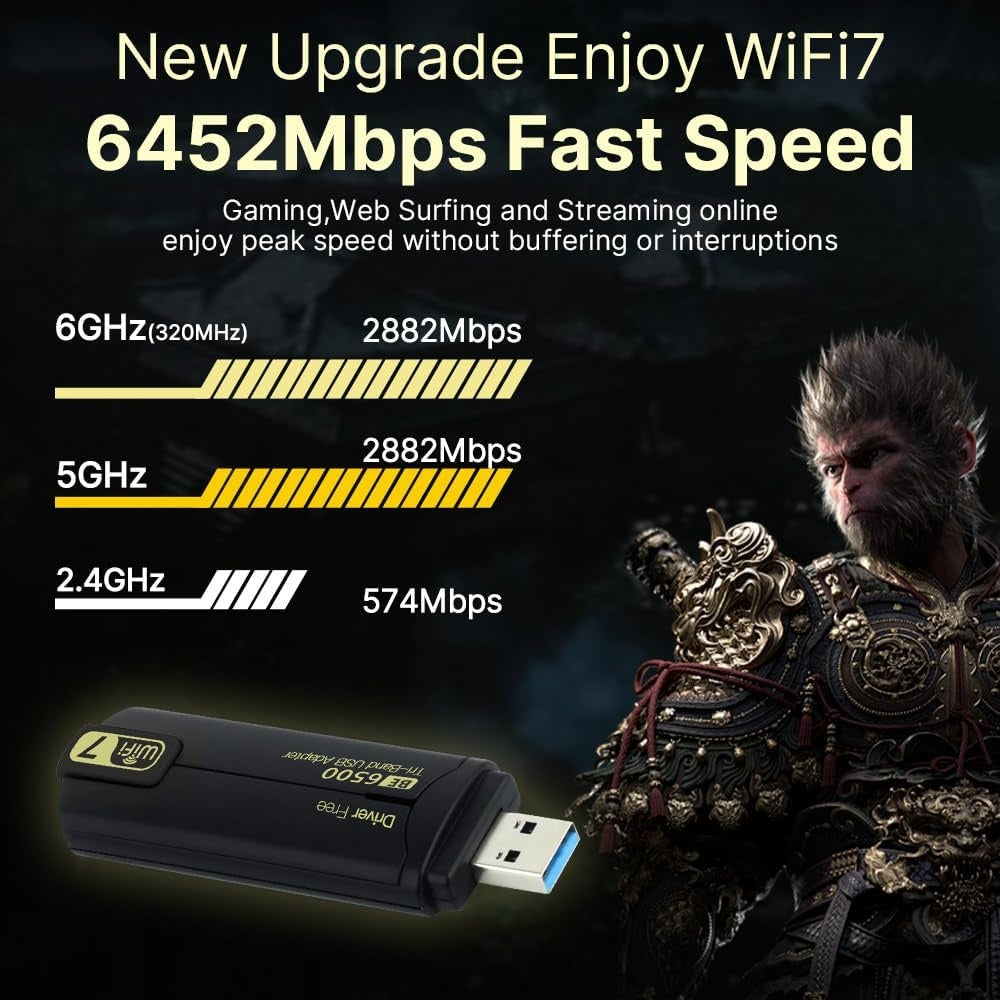NÖRDIC WiFi 7 USB 3.0 trådløs adapter med tri-band og høy hastighet for stasjonære og bærbare PC-er, Windows 10/11, Plug & Play