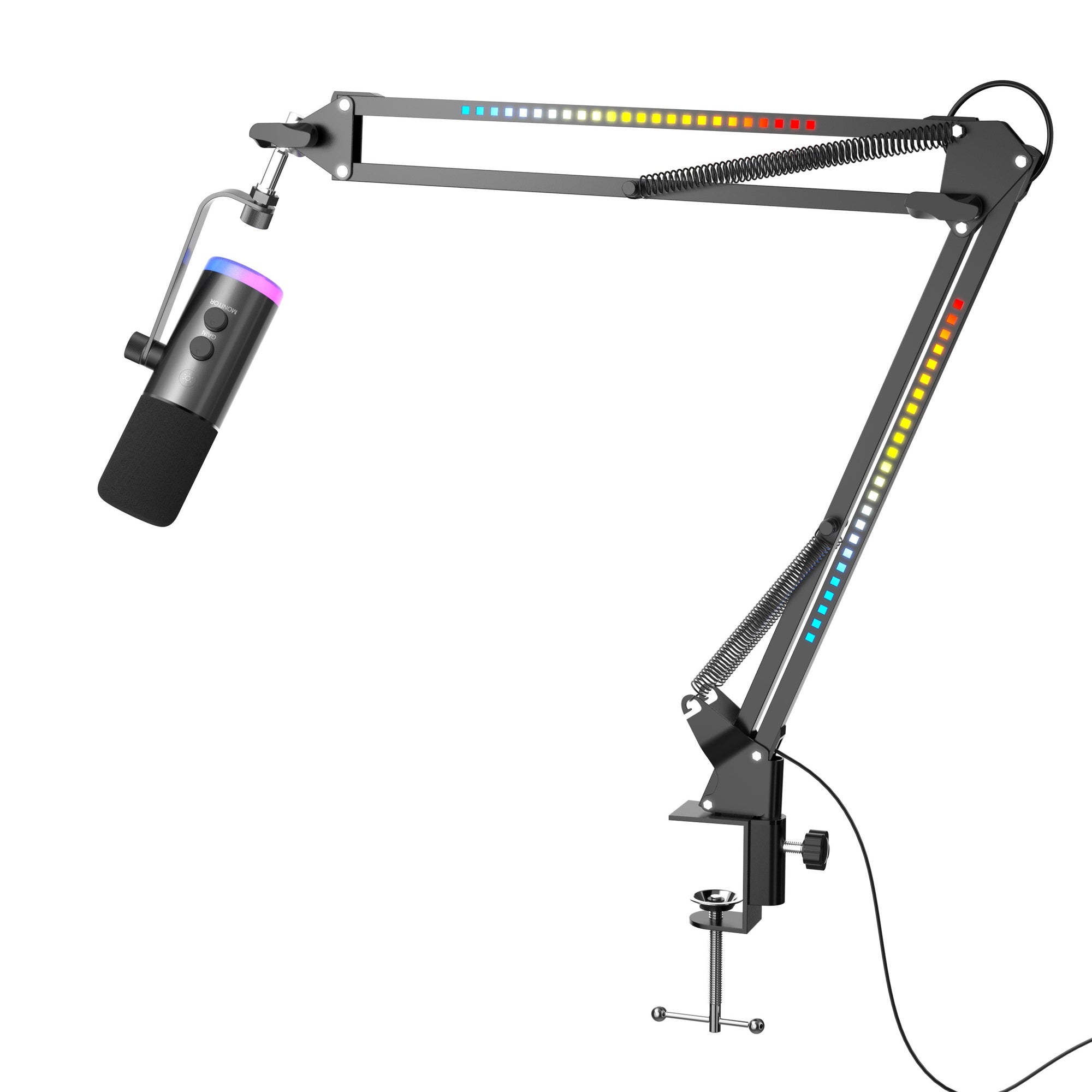 NÖRDIC XLR/USB dynamisk mikrofonsett, RGB-justerbart mikrofonarmstativ for streaming, gaming, voice-over og innspilling