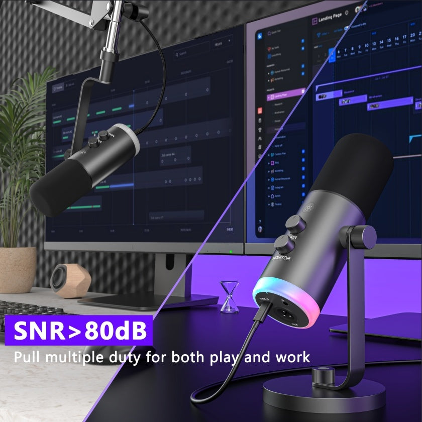 NÖRDIC XLR/USB dynamisk mikrofonsett, RGB-justerbart mikrofonarmstativ for streaming, gaming, voice-over og innspilling