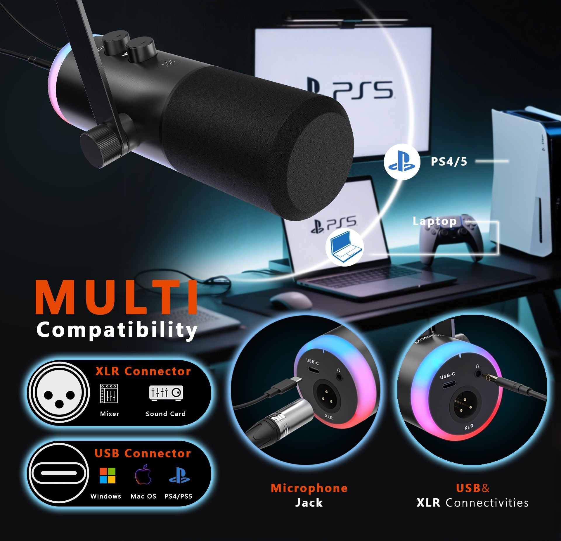 NÖRDIC XLR/USB dynamisk mikrofonsett, RGB-justerbart mikrofonarmstativ for streaming, gaming, voice-over og innspilling