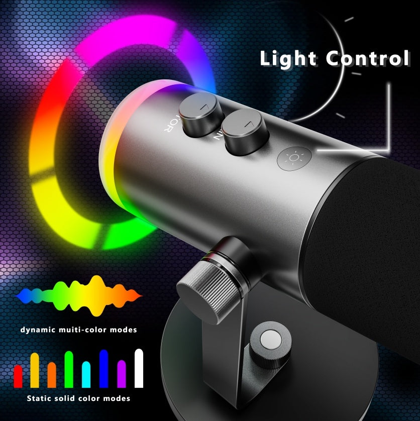 NÖRDIC XLR/USB dynamisk mikrofonsett, RGB-justerbart mikrofonarmstativ for streaming, gaming, voice-over og innspilling