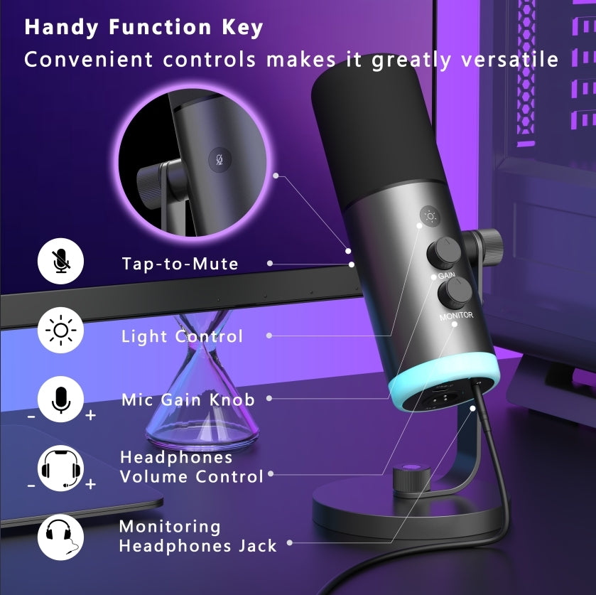 NÖRDIC XLR/USB dynamisk mikrofonsett, RGB-justerbart mikrofonarmstativ for streaming, gaming, voice-over og innspilling