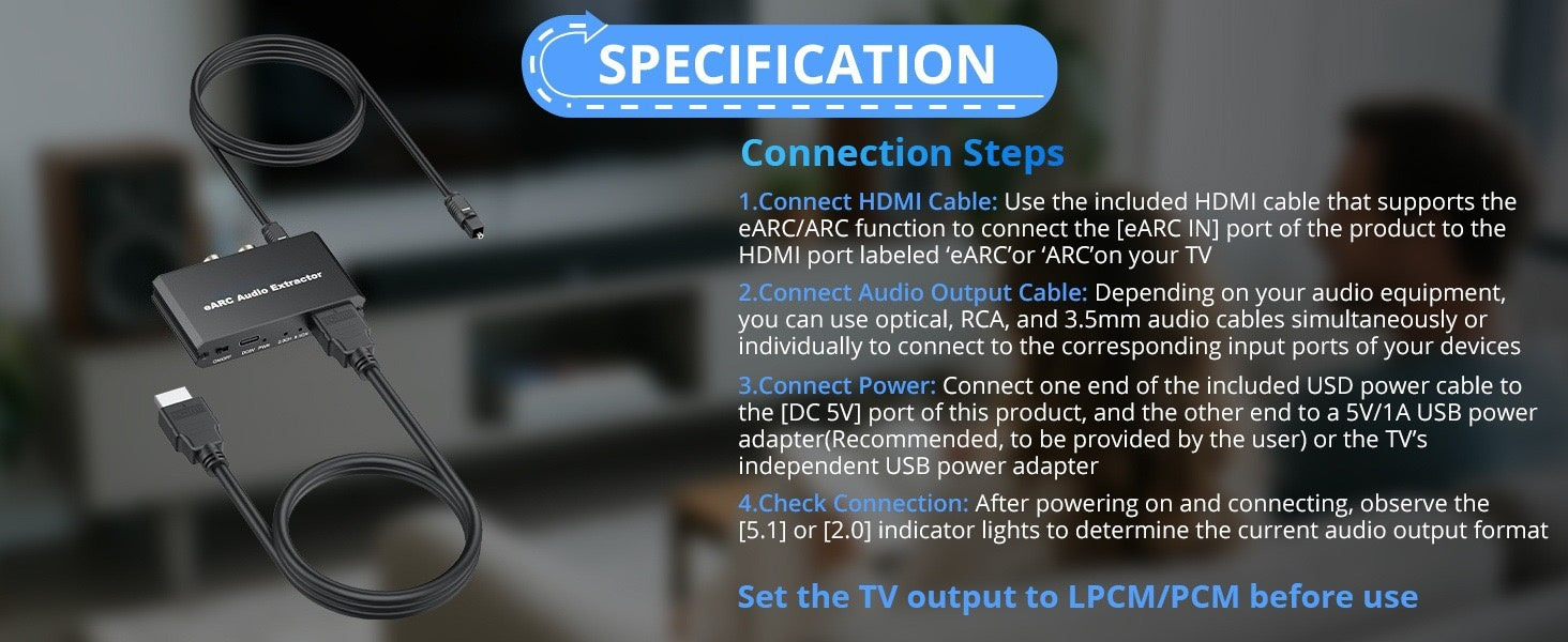 NÖRDIC HDMI eARC/ARC til Optisk og RCA Lydekstraktor, støtter 5.1/2.0-kanals lyd CEC