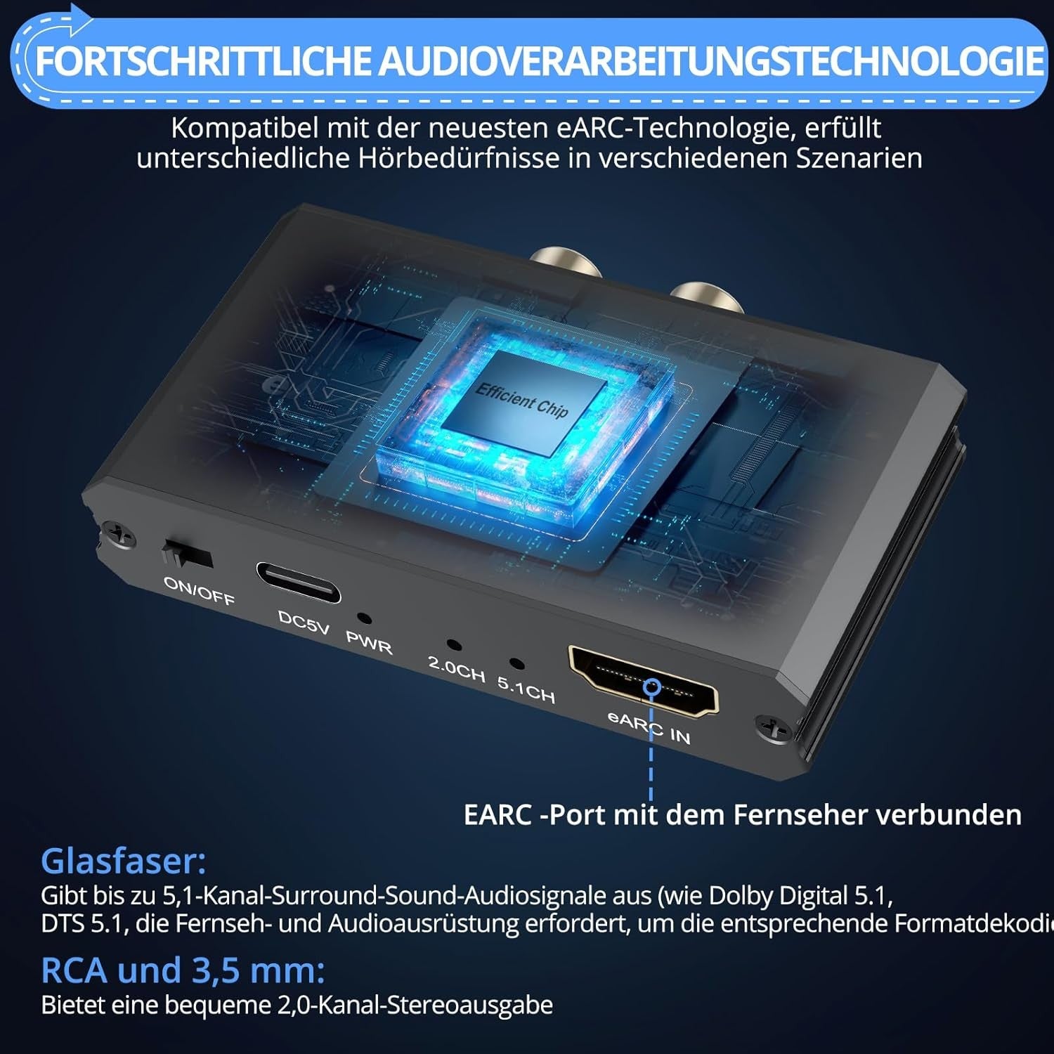 NÖRDIC HDMI eARC/ARC til Optisk og RCA Lydekstraktor, støtter 5.1/2.0-kanals lyd CEC