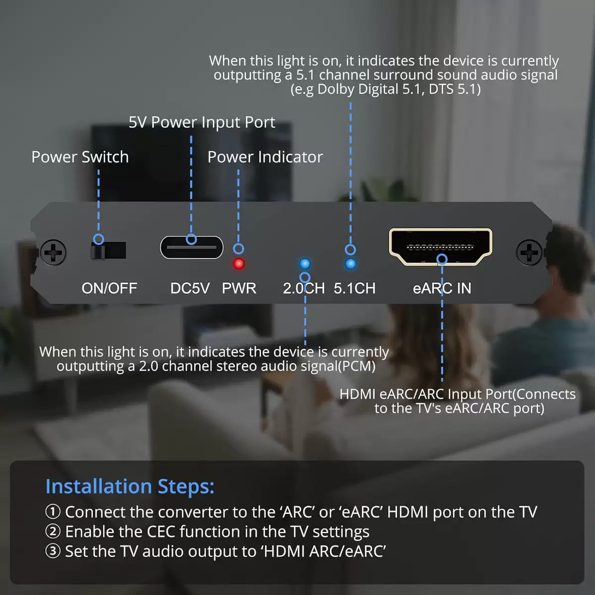 NÖRDIC HDMI eARC/ARC til Optisk og RCA Lydekstraktor, støtter 5.1/2.0-kanals lyd CEC