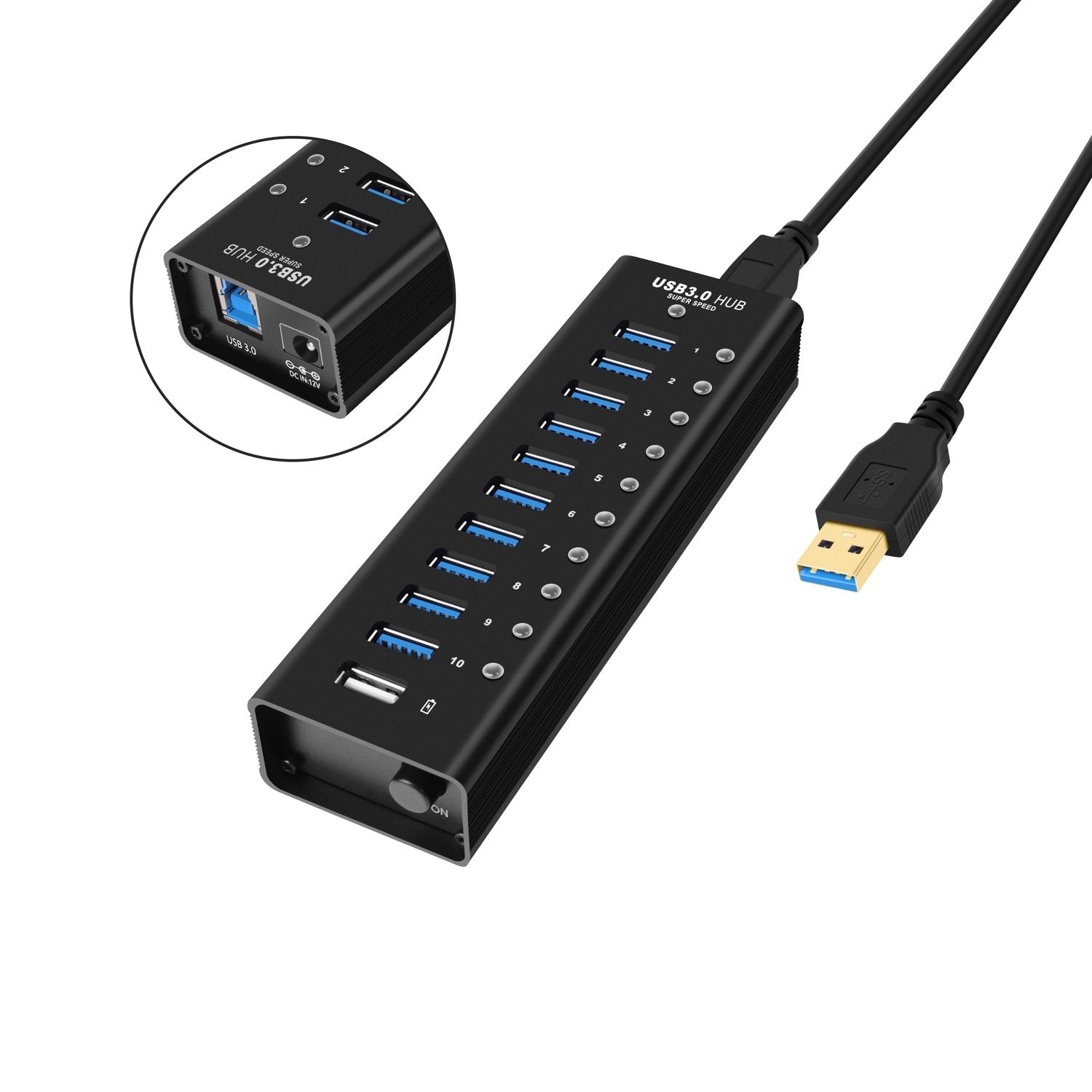 NÖRDIC drevet 11-ports USB 3.0 HUB med individuell bryter 5 Gbps 1,2 mm kabel aluminium svart med strømforsyning