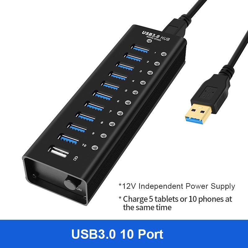 NÖRDIC drevet 11-ports USB 3.0 HUB med individuell bryter 5 Gbps 1,2 mm kabel aluminium svart med strømforsyning