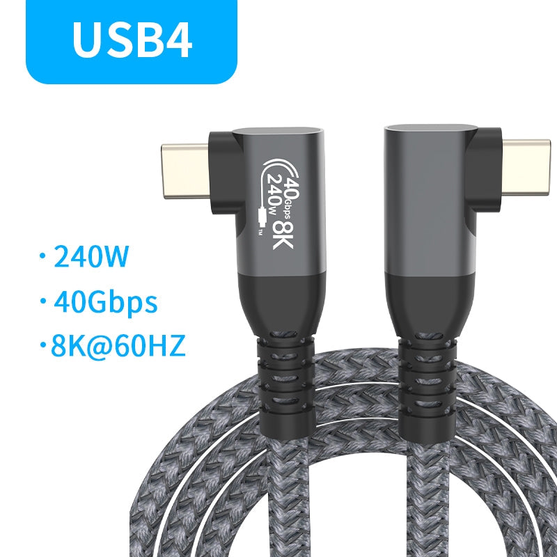 NÖRDIC vinklet 1m USB4 USB-C til C Nylonflettet kabel PD3.1 240W 40G 8K60Hz 4K144Hz Grå