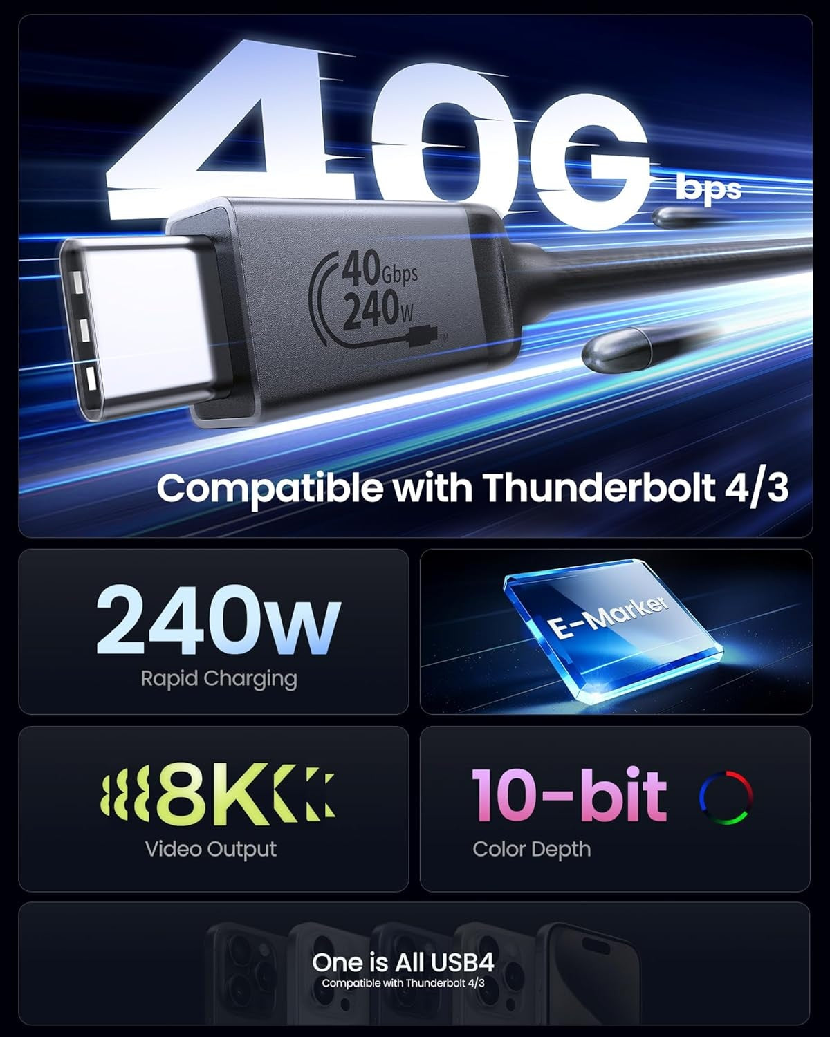 NÖRDIC vinklet 1m USB4 USB-C til C Nylonflettet kabel PD3.1 240W 40G 8K60Hz 4K144Hz Grå