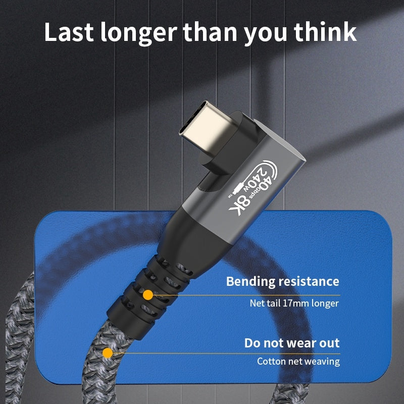 NÖRDIC vinklet 2m USB4 USB-C til C Nylonflettet kabel PD3.1 240W 40G 8K60Hz 4K144Hz Grå