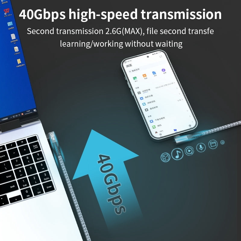 NÖRDIC vinklet 2m USB4 USB-C til C Nylonflettet kabel PD3.1 240W 40G 8K60Hz 4K144Hz Grå