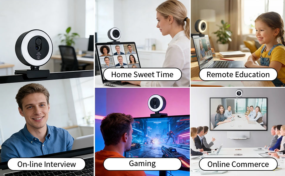 NÖRDIC HD 4K-webkamera for PC og bærbar PC, 360° justerbar med autofokus, 3-farget berøringsstyrt belysning for videosamtaler, direktestrømming og hjemmekontor