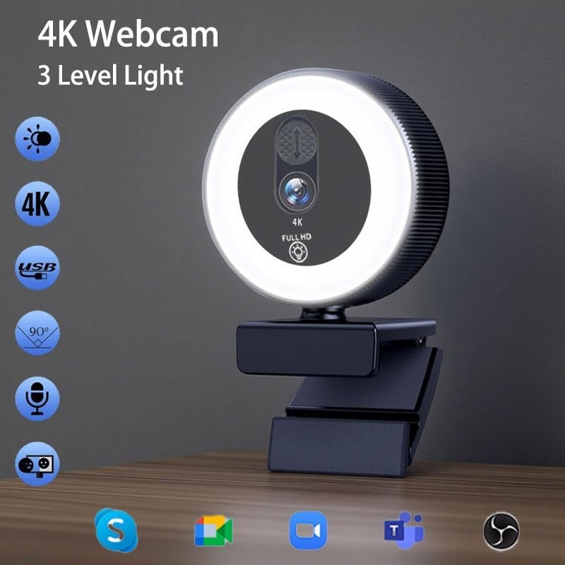 NÖRDIC HD 4K-webkamera for PC og bærbar PC, 360° justerbar med autofokus, 3-farget berøringsstyrt belysning for videosamtaler, direktestrømming og hjemmekontor