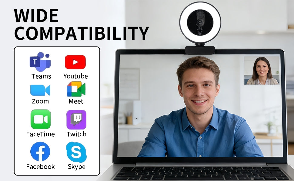 NÖRDIC HD 4K-webkamera for PC og bærbar PC, 360° justerbar med autofokus, 3-farget berøringsstyrt belysning for videosamtaler, direktestrømming og hjemmekontor