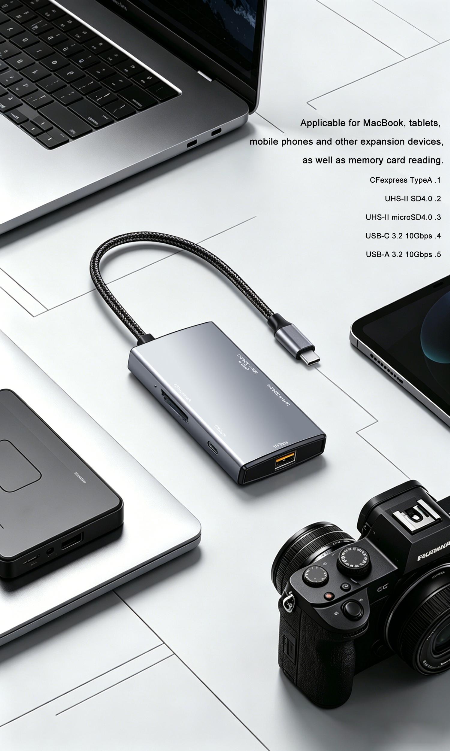 NÖRDIC USB-C 3.2 Kortleser 1x SD 4.0, 1x MicroSD 4.0, 1x CFexpress Type A, 1x USB-C 3.2 10 Gbps, 1x USB-A 3.2 10 Gbps, UHS-II