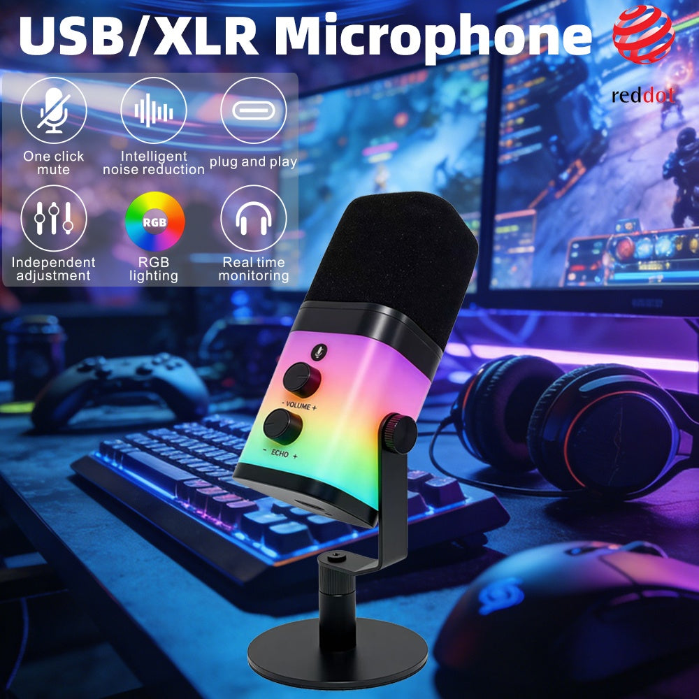 NÖRDIC Profesjonell RGB-dynamisk mikrofon USB-C, XLR, 3,5mm