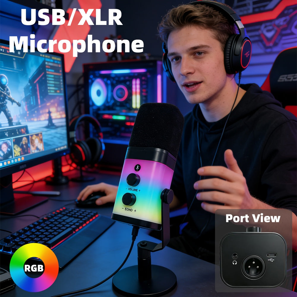 NÖRDIC Profesjonell RGB-dynamisk mikrofon USB-C, XLR, 3,5mm