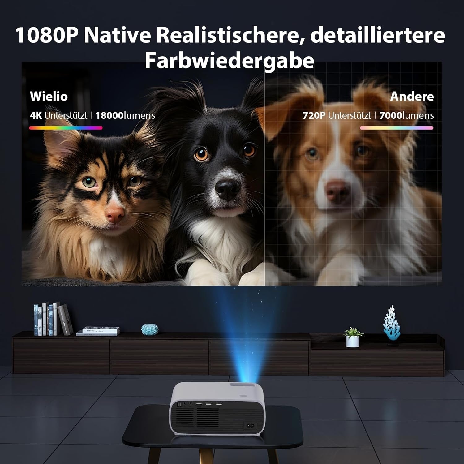 Projektor med WiFi og Bluetooth, 20 000 Lumen, 4K-støtte, Full HD 1080P-oppløsning, støtter Switch og PS5