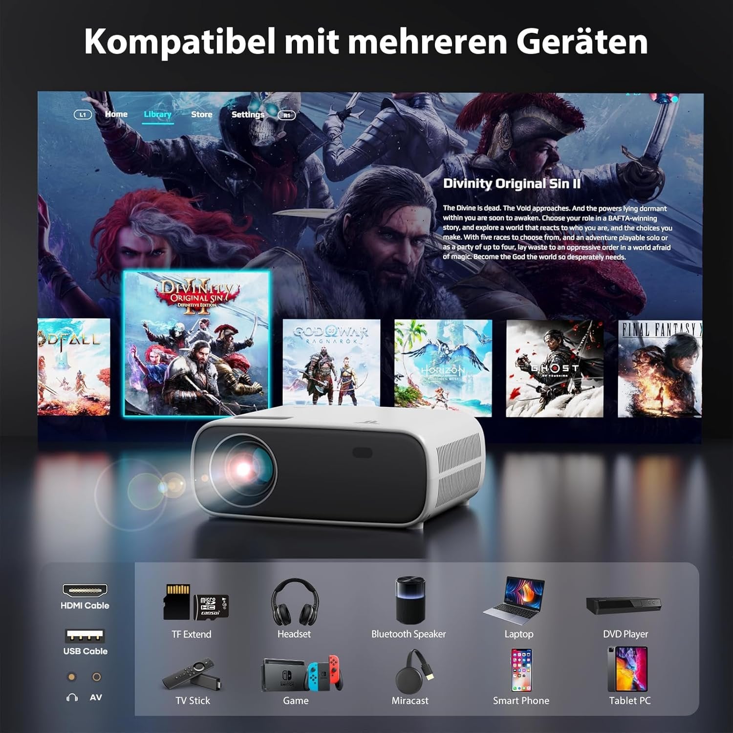 Projektor med WiFi og Bluetooth, 20 000 Lumen, 4K-støtte, Full HD 1080P-oppløsning, støtter Switch og PS5