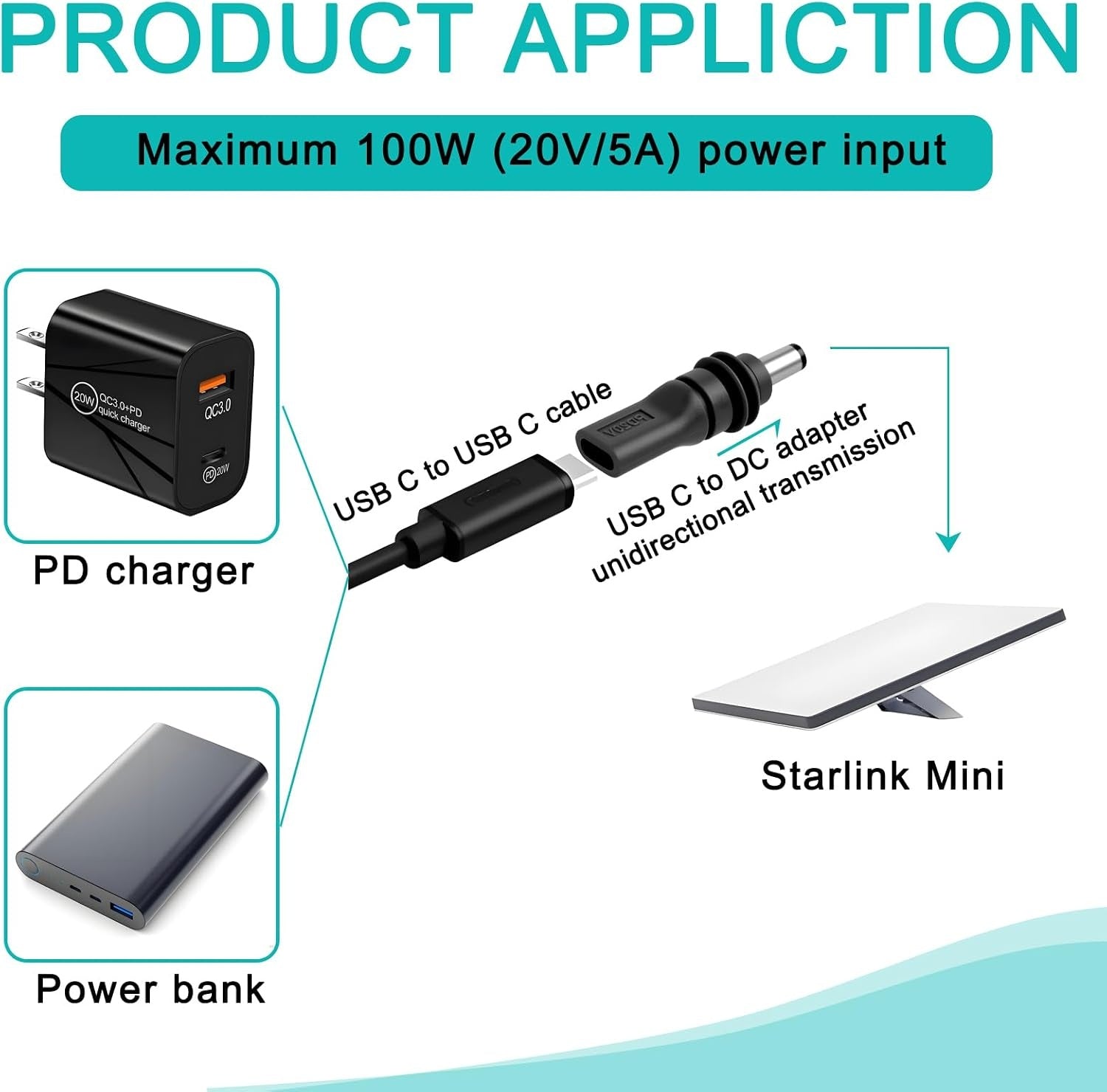 Starlink Mini-adapter USB-C PD 100W hunn til DC 5,5 × 2,1 mm, vanntett