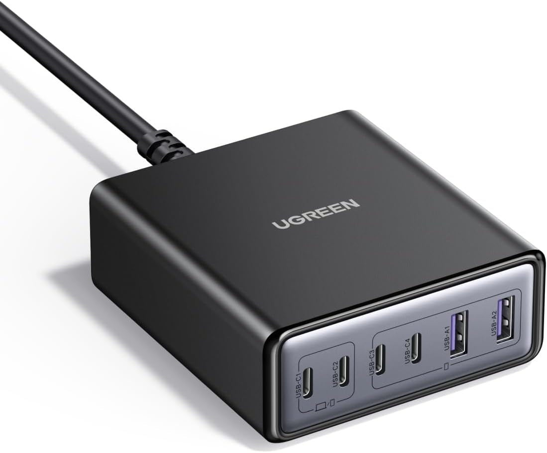 UGREEN 100W USB-C Lade­stasjon, 6-Port GaN Skrivebords­lader med 4 USB-C & 2 USB-A, Smart Strømfordeling