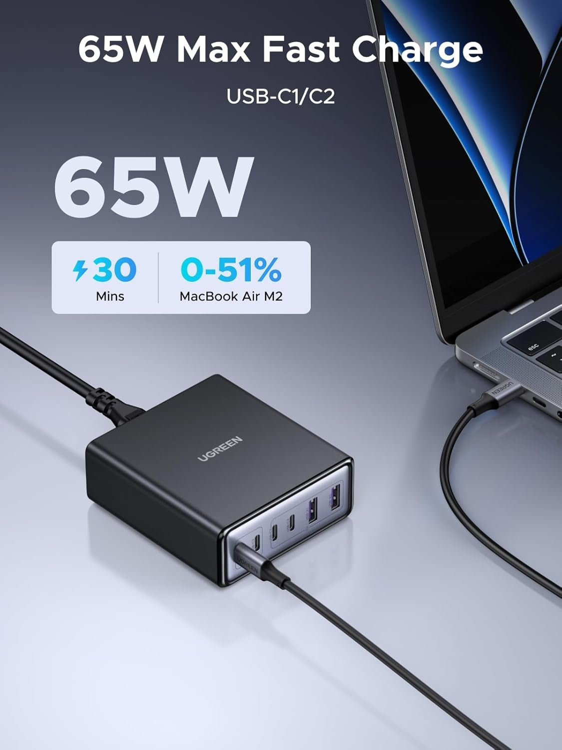 UGREEN 100W USB-C Lade­stasjon, 6-Port GaN Skrivebords­lader med 4 USB-C & 2 USB-A, Smart Strømfordeling