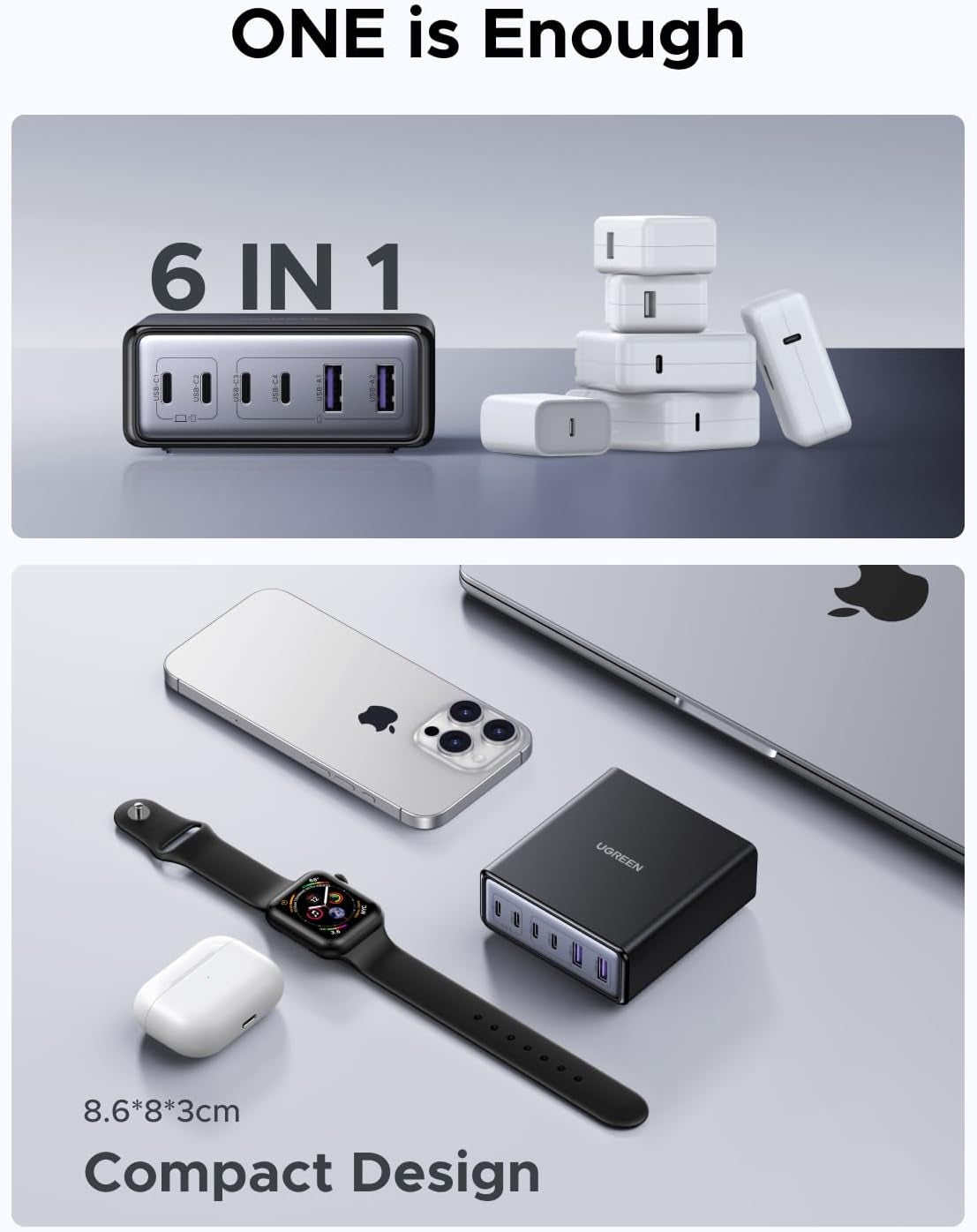 UGREEN 100W USB-C Lade­stasjon, 6-Port GaN Skrivebords­lader med 4 USB-C & 2 USB-A, Smart Strømfordeling