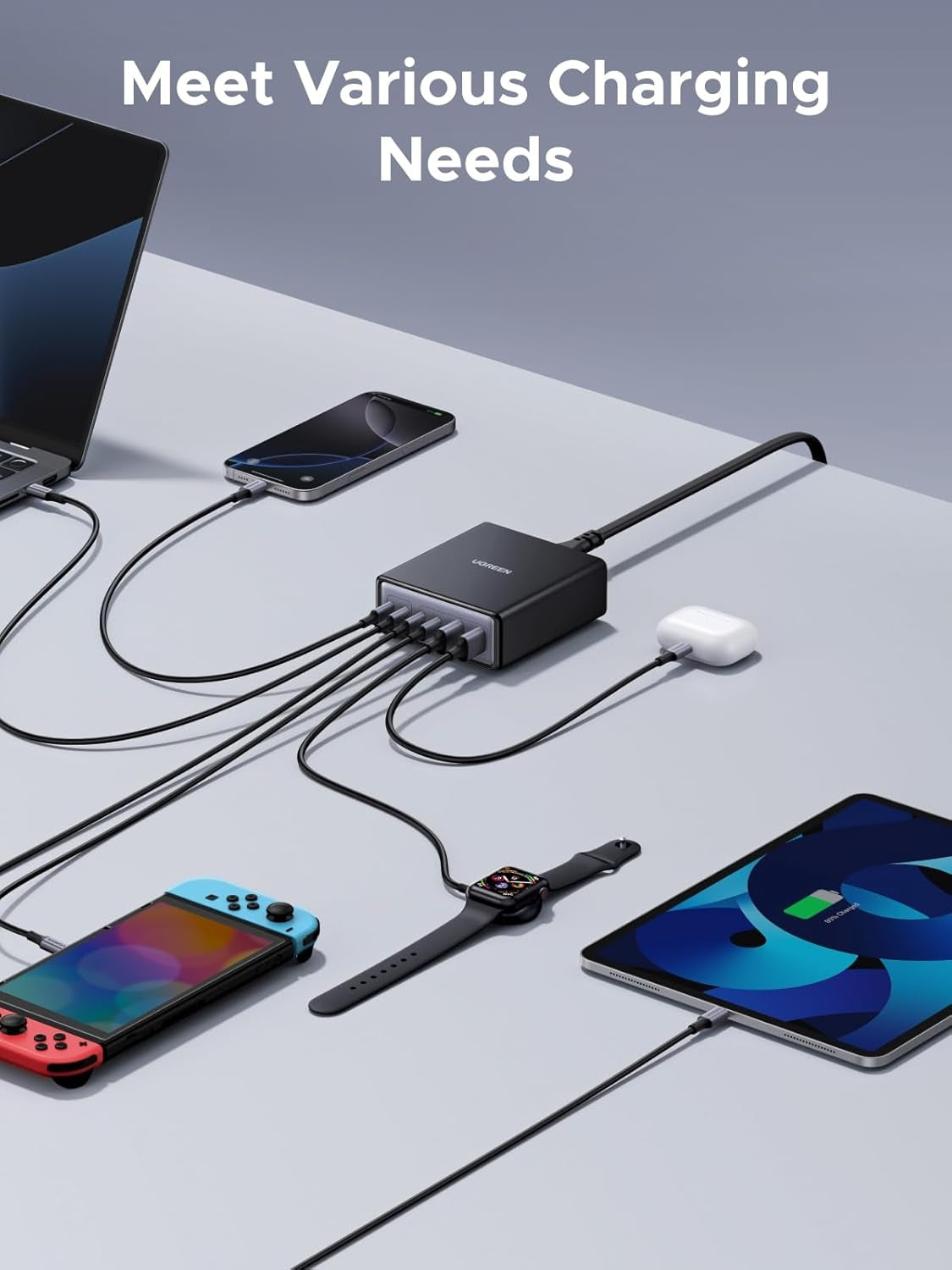 UGREEN 100W USB-C Lade­stasjon, 6-Port GaN Skrivebords­lader med 4 USB-C & 2 USB-A, Smart Strømfordeling