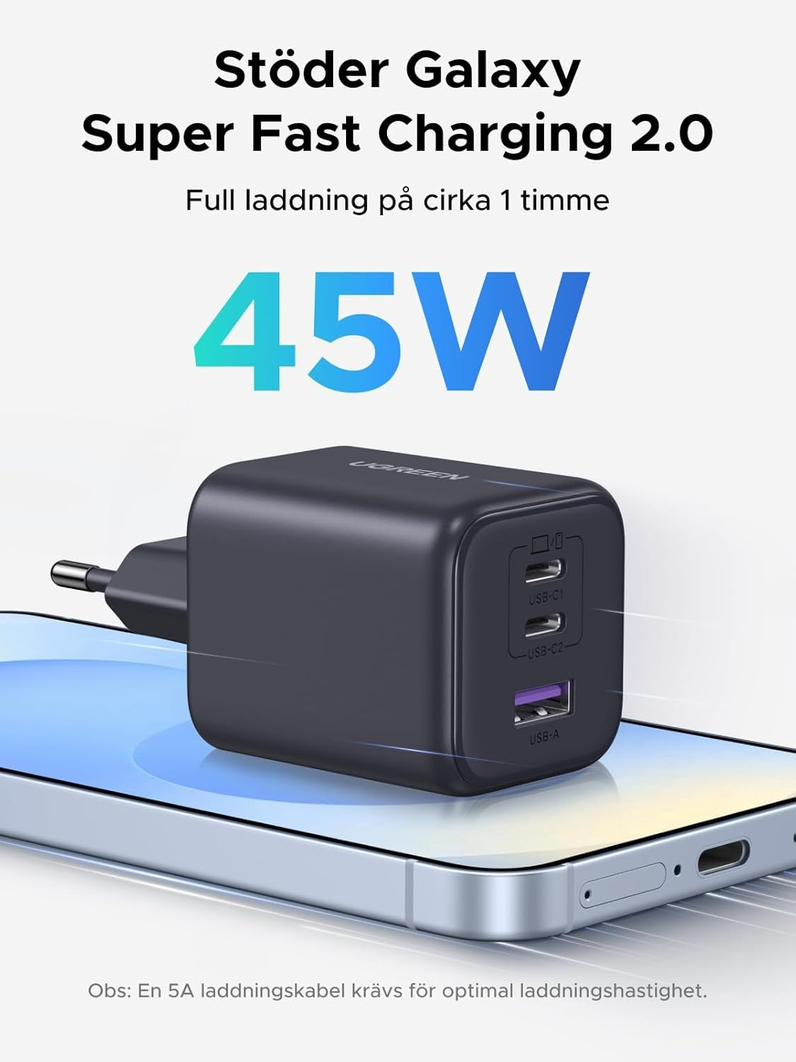 UGREEN 45W USB-C Lader med 3 porter, PPS hurtiglader