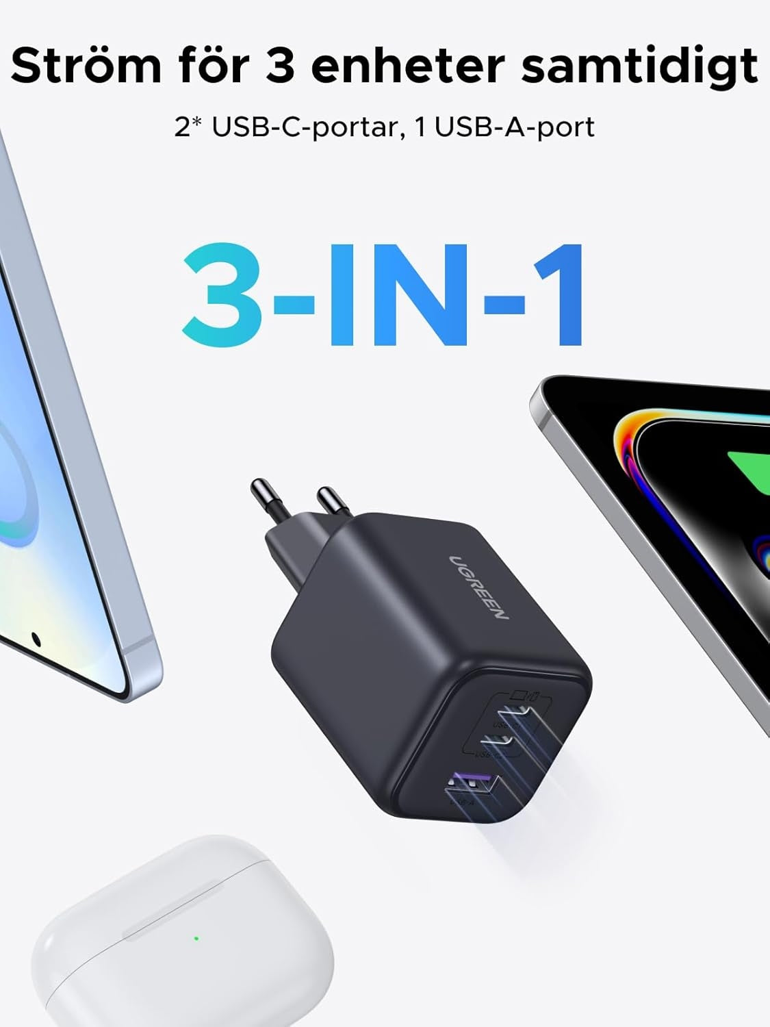 UGREEN 45W USB-C Lader med 3 porter, PPS hurtiglader