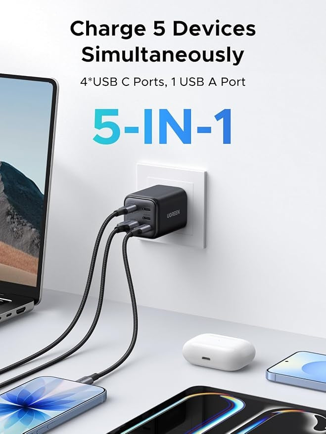 UGREEN 5-ports 45W USB-C hurtiglader med GaN, PD/PPS/QC og 4 USB-C-porter for iPhone 17/16/15, Galaxy S26/S25/S24/S23, iPad, MacBook Neo/Air