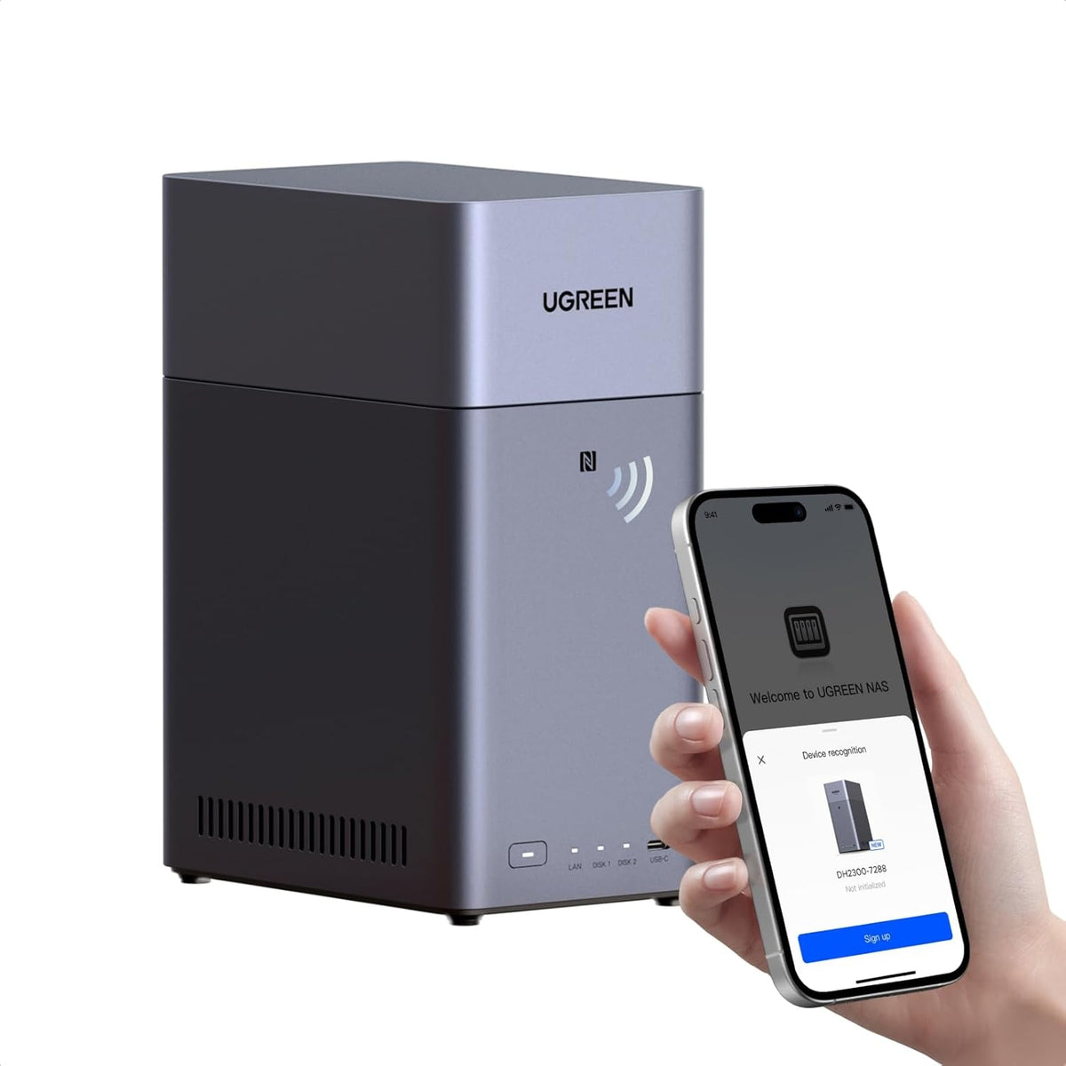 UGREEN NASync DH2300 2-Bay NAS + 2M Cat8 Ethernet Cable, 4GB RAM, NFC One-Touch, AI Photo Album, 1GbE LAN, Beginner-Friendly Home NAS |40Gbps 2000Mhz