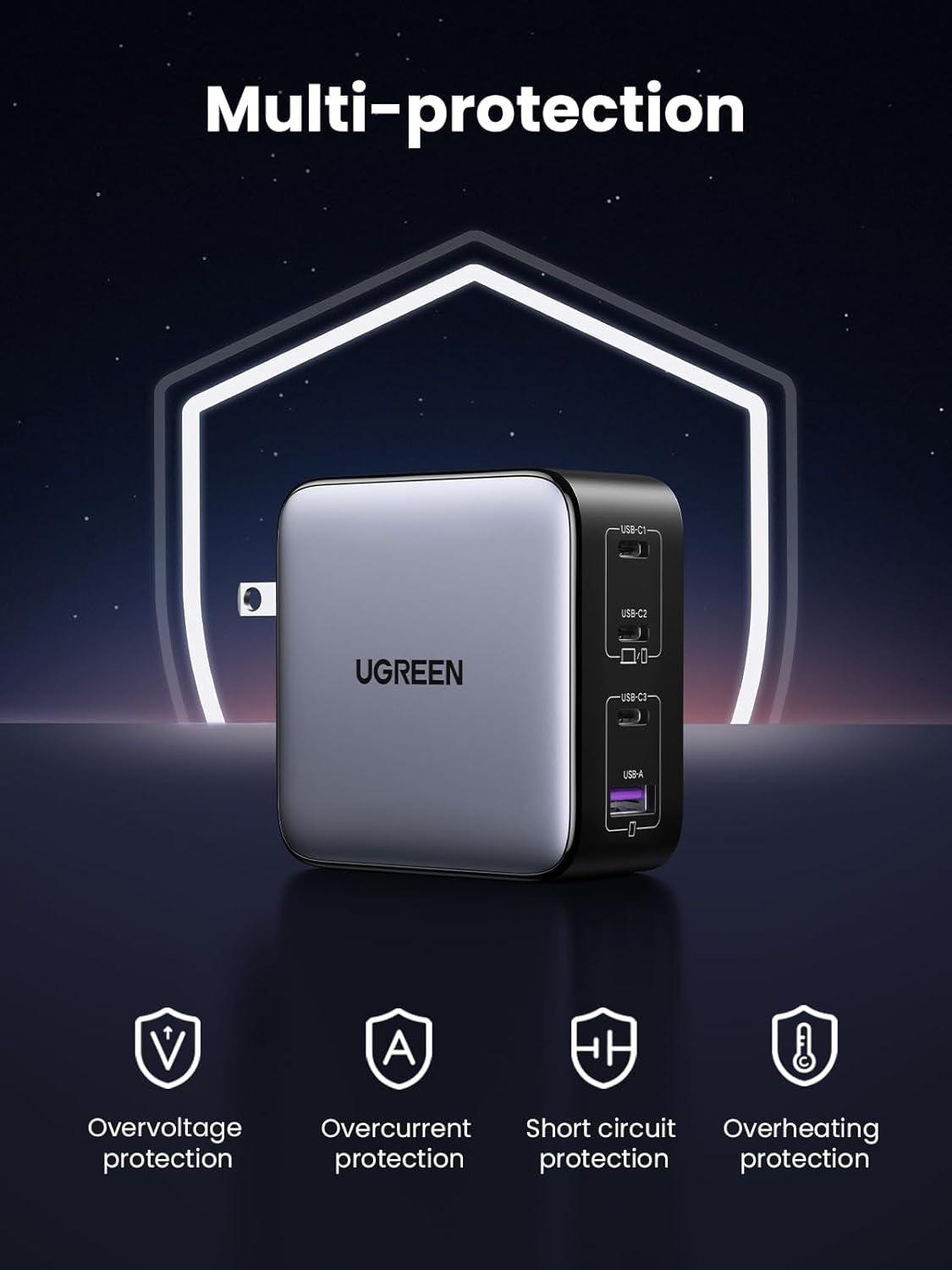 UGREEN Nexode 100W GaN USB-C 4-port lader, for MacBook Pro/Air, iPad Pro, iPhone 17/16/15-serien, Galaxy S25/S24, Pixel 10/9, Steam Deck, Pixelbook