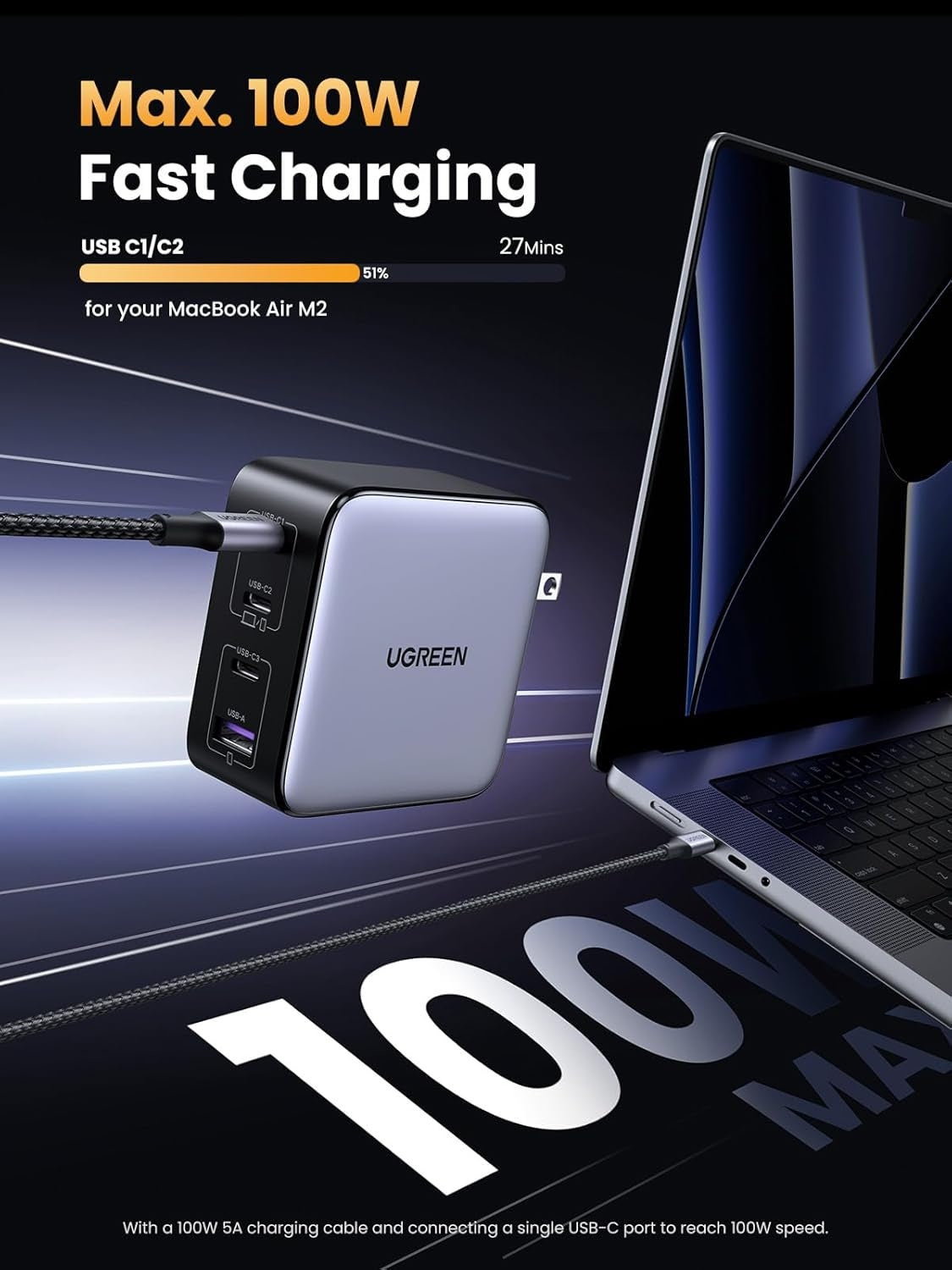 UGREEN Nexode 100W GaN USB-C 4-port lader, for MacBook Pro/Air, iPad Pro, iPhone 17/16/15-serien, Galaxy S25/S24, Pixel 10/9, Steam Deck, Pixelbook