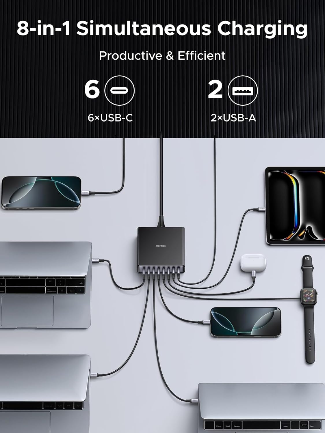 UGREEN Nexode 200W GaN USB C Ladestasjon, 8-Port Bordlader med PD 100W
