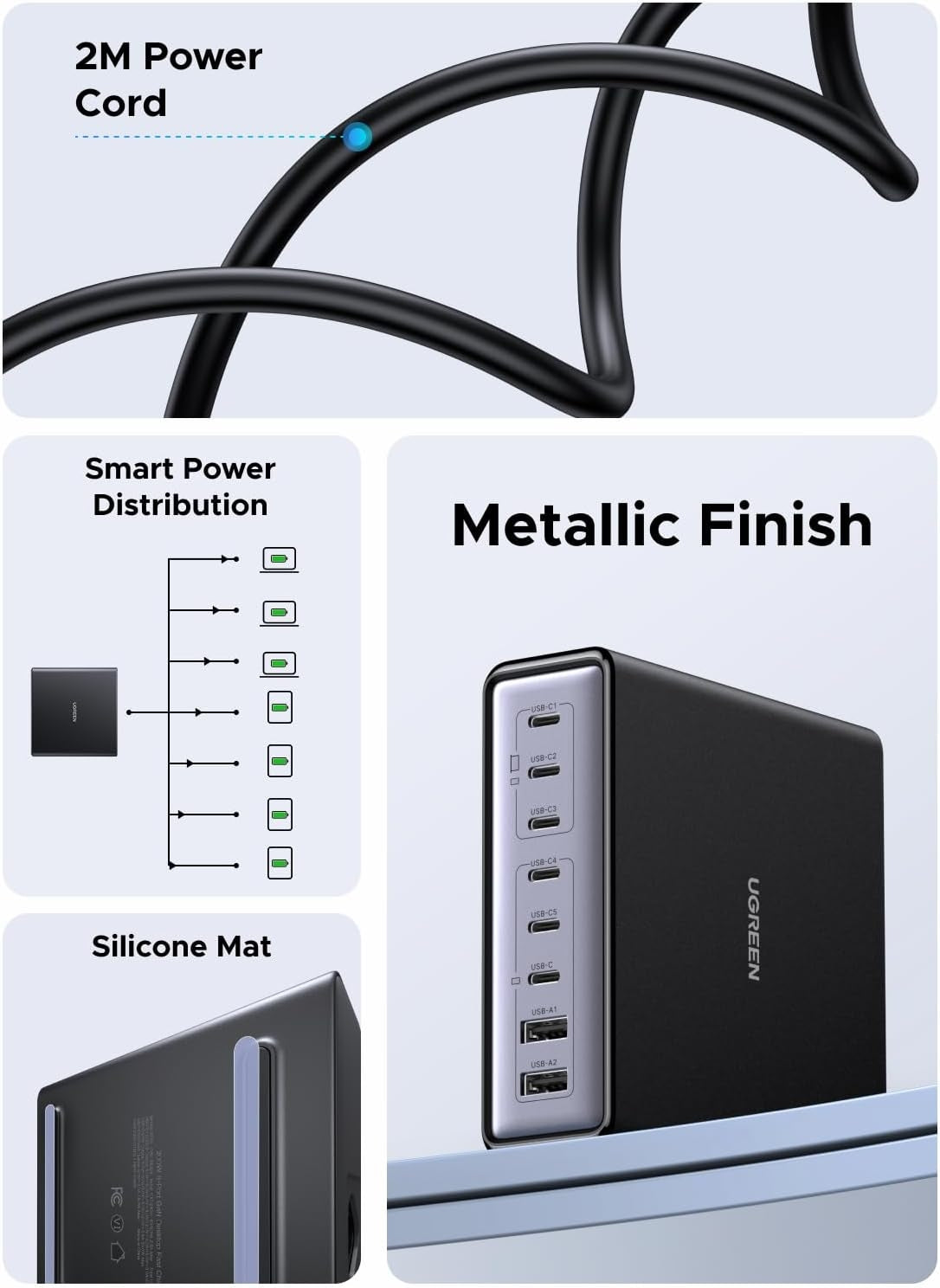 UGREEN Nexode 200W GaN USB C Ladestasjon, 8-Port Bordlader med PD 100W