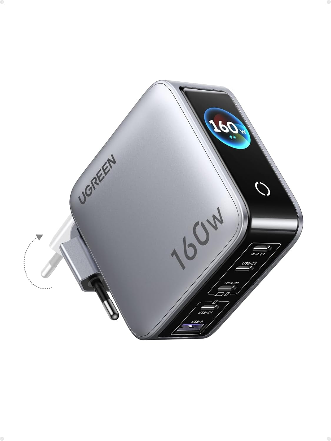 UGREEN Nexode Pro 160W USB-C-lader med 5 porter, 4xUSB-C + 1xUSB-A, Smart-Display og Berøringskontroll