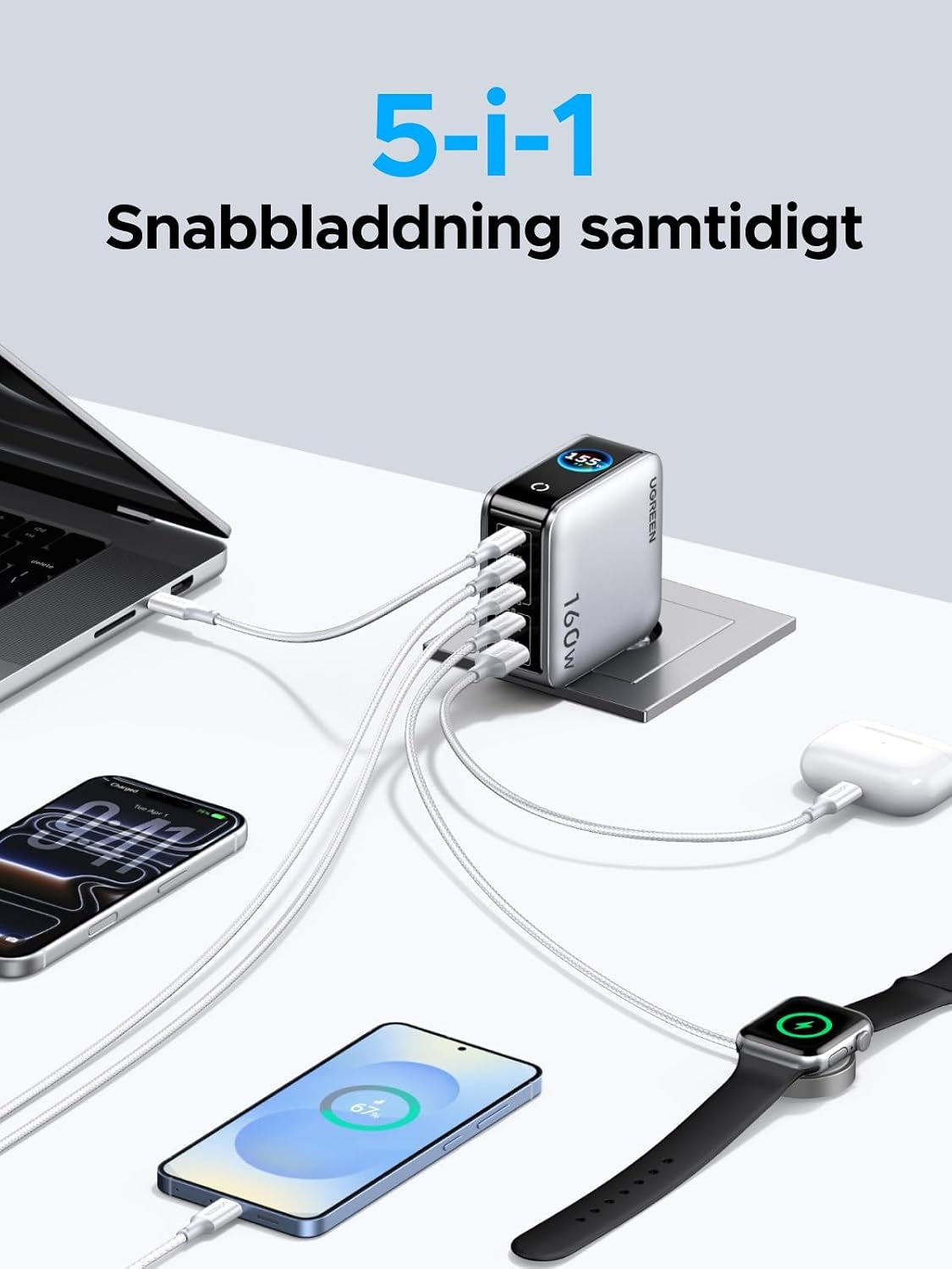 UGREEN Nexode Pro 160W USB-C-lader med 5 porter, 4xUSB-C + 1xUSB-A, Smart-Display og Berøringskontroll