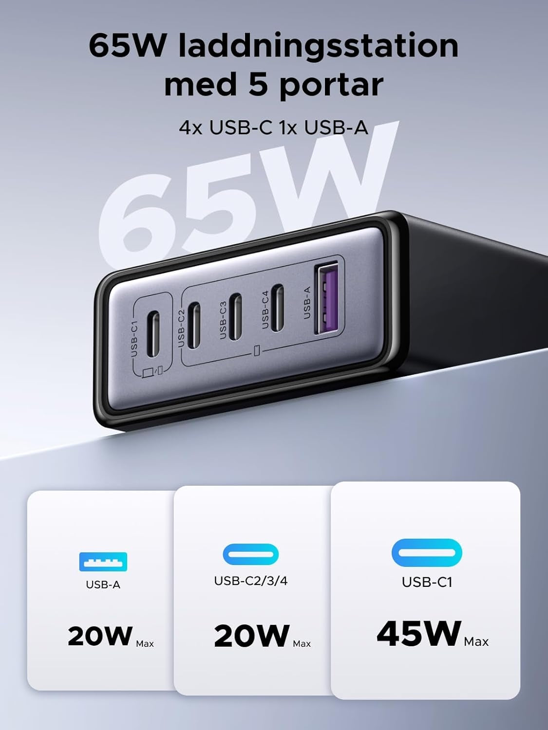 UGREEN USB-C Lader 65W GaN 5-ports Bordlader med PPS-hurtiglading