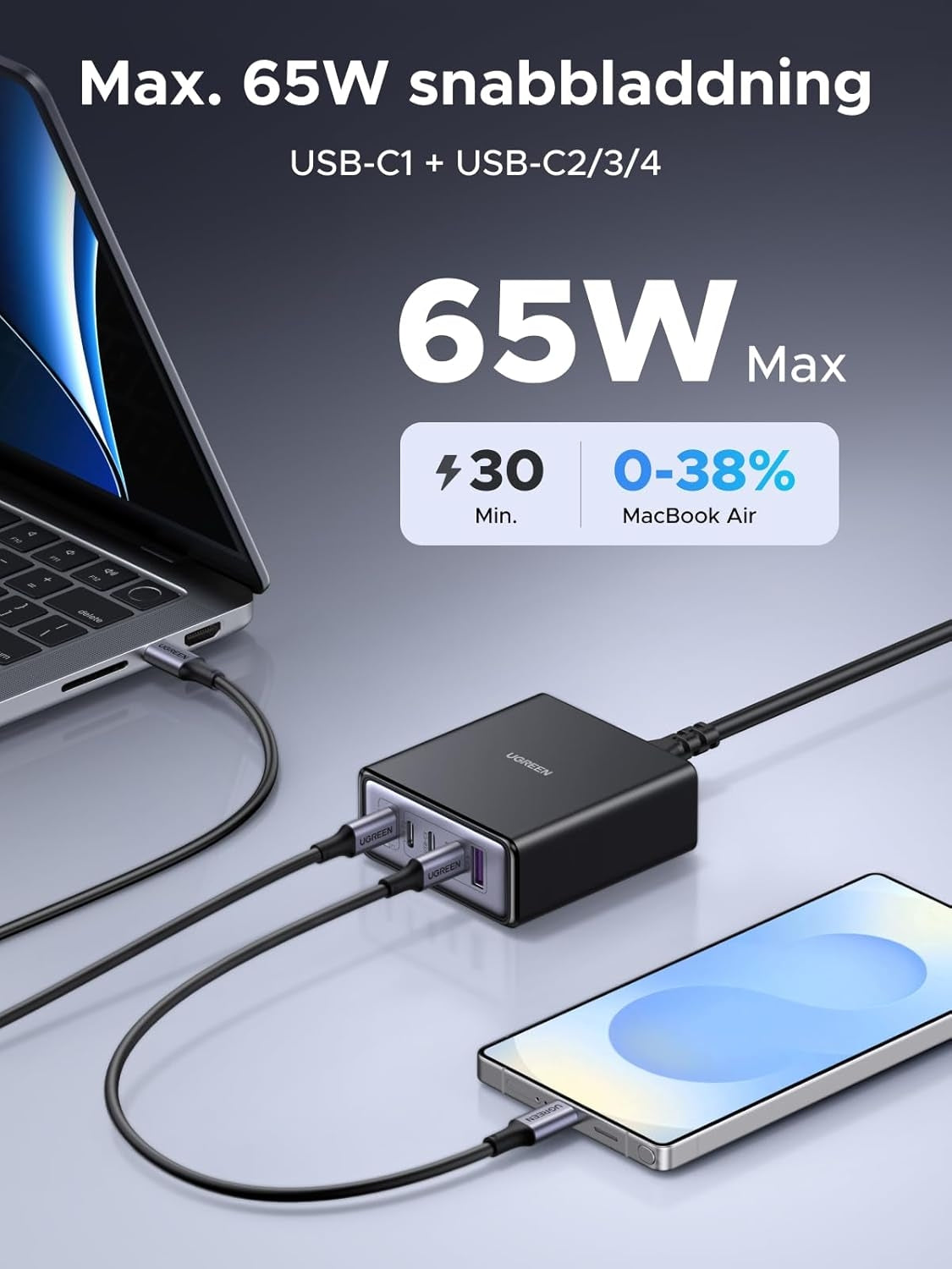 UGREEN USB-C Lader 65W GaN 5-ports Bordlader med PPS-hurtiglading