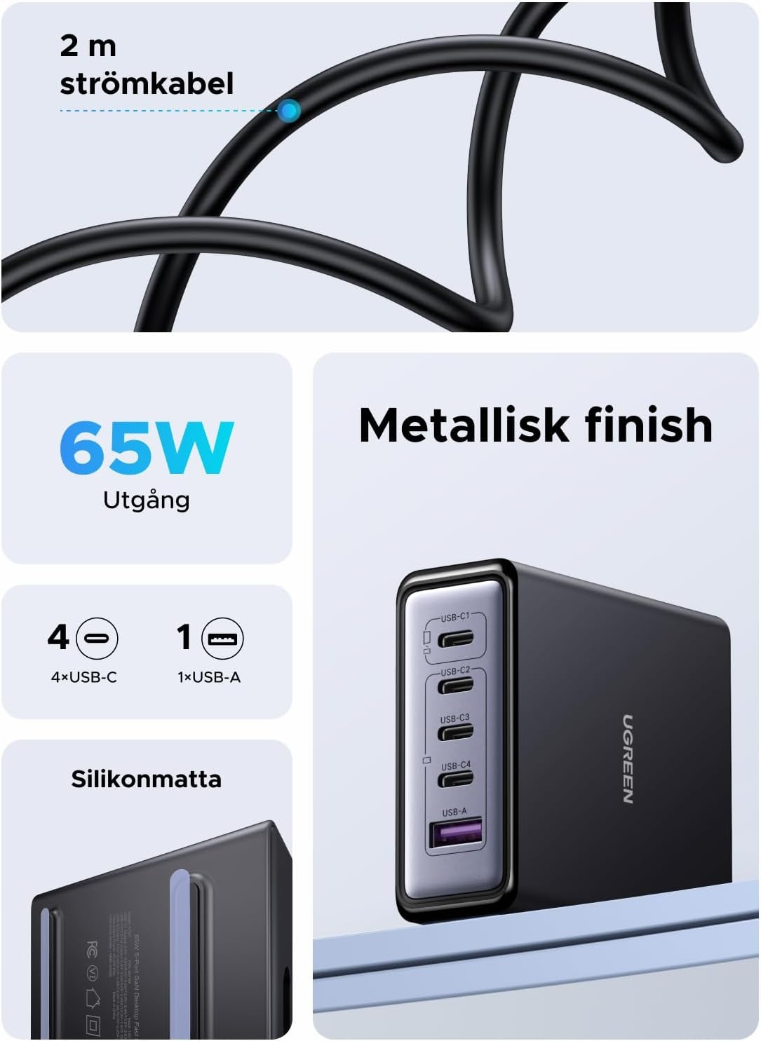 UGREEN USB-C Lader 65W GaN 5-ports Bordlader med PPS-hurtiglading