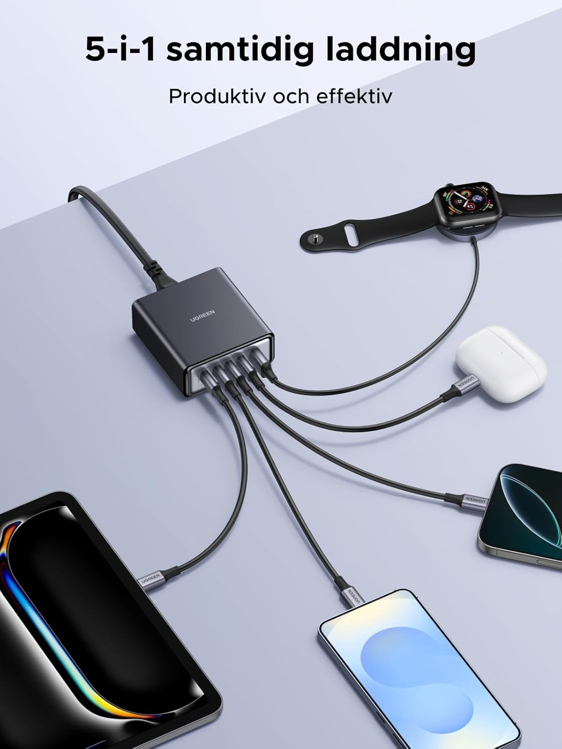 UGREEN USB-C Lader 65W GaN 5-ports Bordlader med PPS-hurtiglading