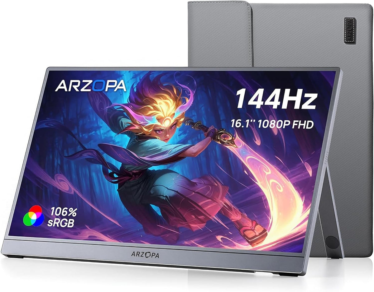 USB  144Hz Monitor 16.1" Ultra-Thin Laptop Screen with Storage Bag, 106% sRGB 1920×1080p FHD HDR for Laptop/PC/Mac/PS3/4/5/Xbox Grey