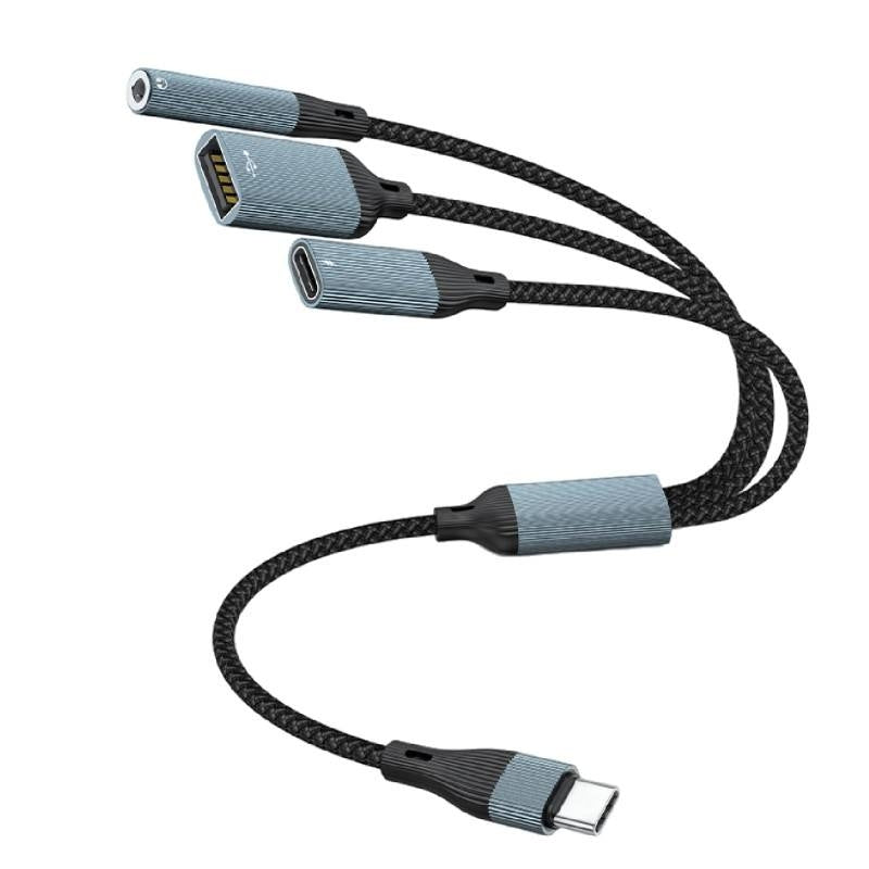 NÖRDIC USB-C Splitter 1 til 3, 1xUSB-A 1xUSB-C PD60W 1x3,5mm hodetelefonutgang OTG-kabel